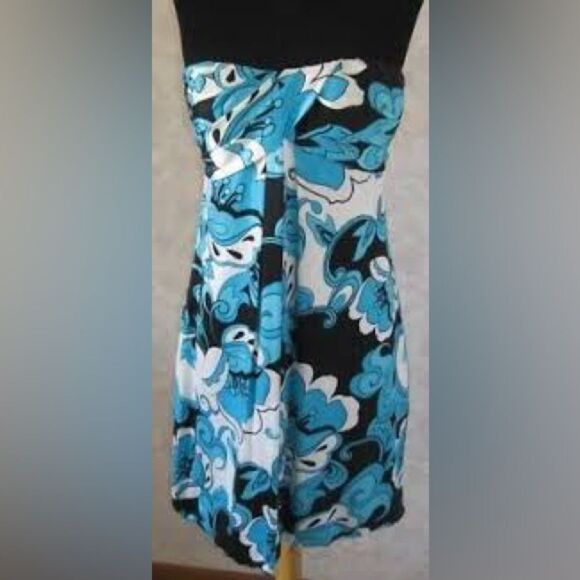 CACHE 4 Strapless Fully Lined 100% Silk Dress Blue/Blk/Wht Floral Cocktail Party - Picture 9 of 9